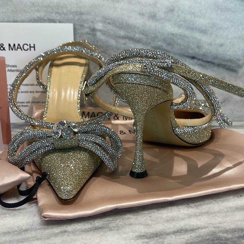 Mach and Mach Double Bow Gold Glitter High Heels with Silver Bow size 37 - Picture 4 of 8